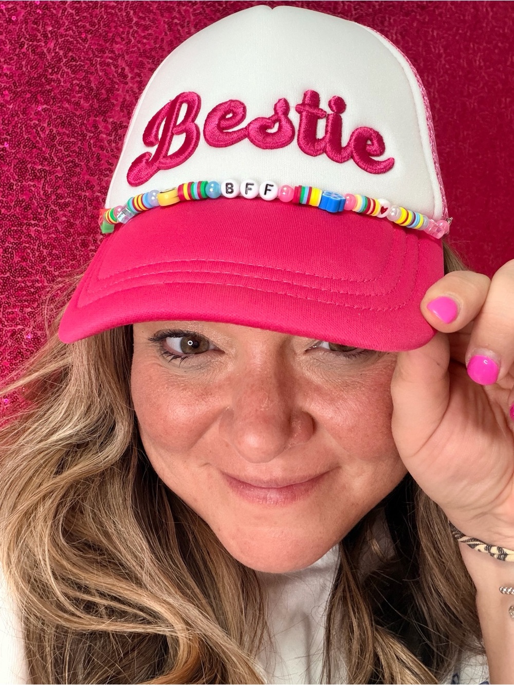 wonder nation Pink and White "Bestie" Trucker Hat with Beaded Accent
